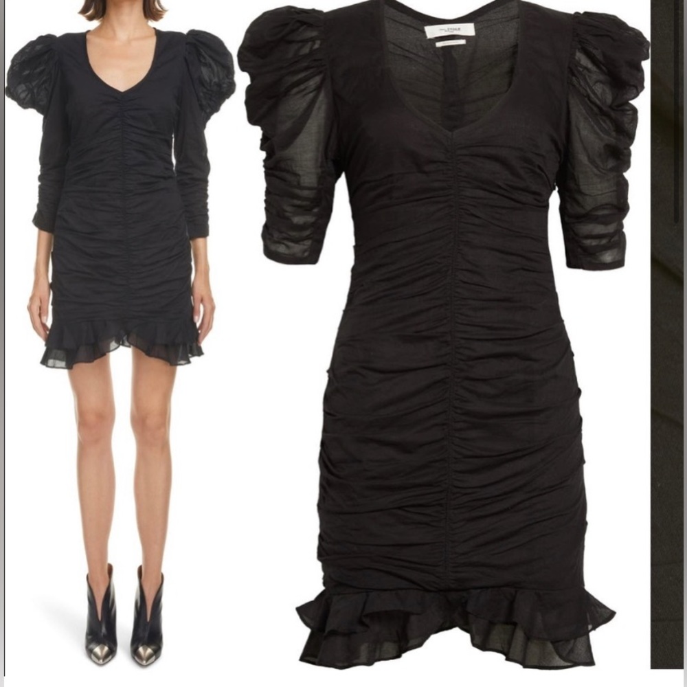 Isabel Marant Etoile Sireny Ruched Cotton Ruffled Mini Dress Black FR 34 XS